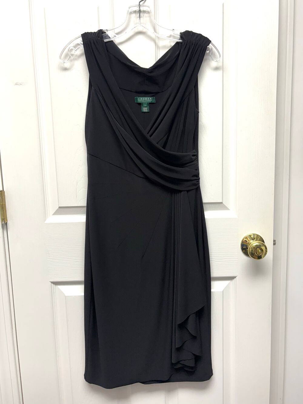 Lauren Ralph Lauren Dress Black Ruched Sheath Sleeveless V Neck Women's Size 4